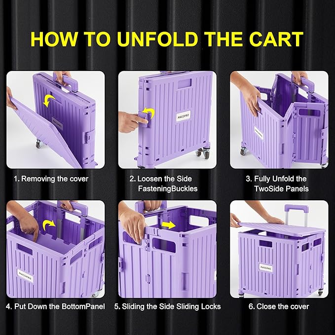 Foldable Utility Cart Folding Portable Rolling Crate Handcart with Durable Heavy Duty Plastic Telescoping Handle Collapsible 4 Rotate Wheels for Travel Shopping Moving Luggage Office Use (Purple)