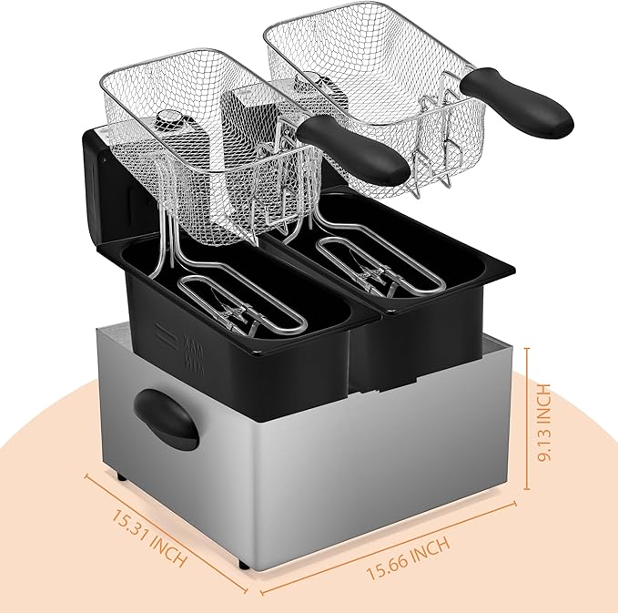 SUSTEAS Deep Fryer, 2 Baskets Electric Oil Fryer with 5.4QT/6L,3000W Timer Control Adjustable Temperature, Lid with Viewing Window and Odor Free Filter, Stainless Steel, Perfect for Kitchen, Fry Fish