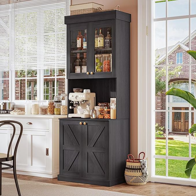 71" Tall Farmhouse Kitchen Pantry, Large Storage Cabinet with Glass Doors and Drawers, Freestanding Coffee Bar Hutch with Microwave Stand, Adjustable Shelves for Kitchen, Living Room, Black 3 Pcs