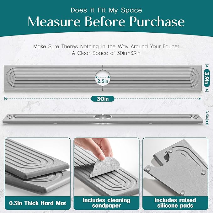 30 inch Kitchen Faucet Absorbent Mat - Diatomaceous Earth Splash Guard for Sink Faucet, Aesthetic Water Absorbing Stone Tray in The Modern Home(Grey, 30" x 3.9")