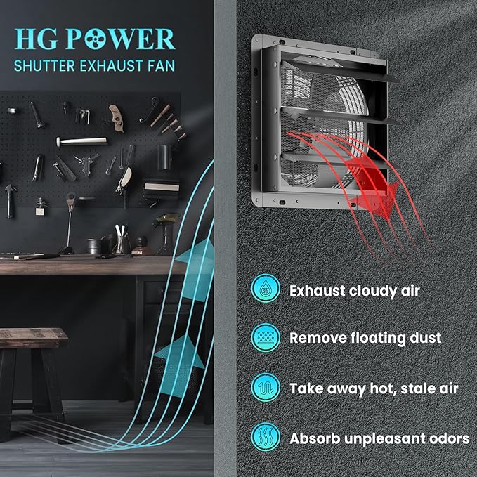 HG Power 12 Inch Shutter Exhaust Fan, 764CFM High-Speed, 1400RPM Wall-Mounted Ventilation Fan for Shed, Garage, Greenhouse - with, ON/OFF Switch & 8FT Power Cord, Black