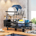 2 Tiers Dish Drying Rack, Space-Saving Dish Racks for Kitchen Counter, Dish Drainer Drying Rack with Drainboard, Utensil Holder Cups Holder Plate Rack and Automatic Drainage Drainboard, Black