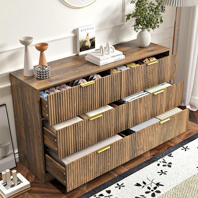 6 Drawers Fluted Dresser for Bedroom, 55" Wide Wooden Dresser with Deep Drawers, Large Floor Chest of Drawers, Modern Long TV Stand, Storage Cabinet Side Table, Walnut