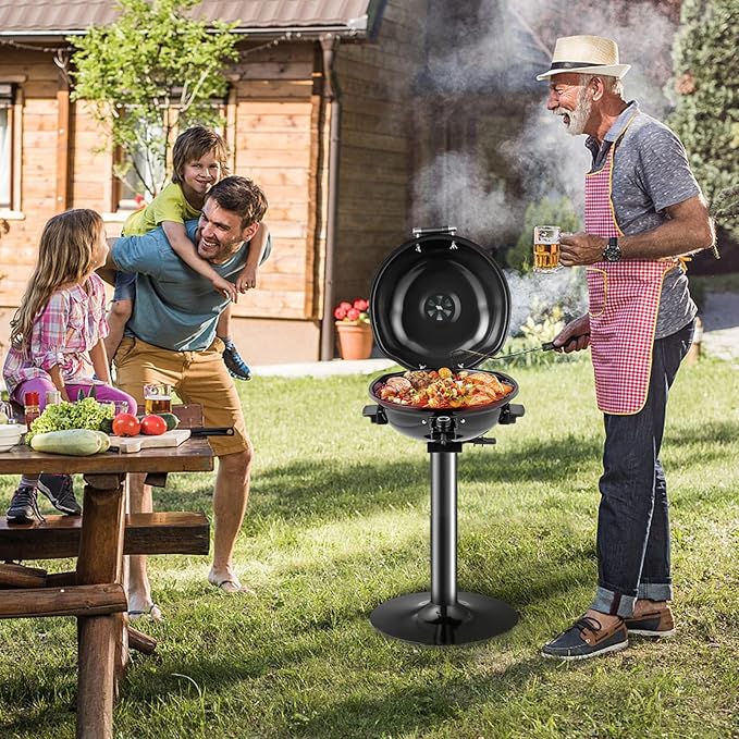 HAPPYGRILL 1600W Portable Electric Grill Outdoor BBQ Grill for 15-Serving, Electric Barbecue Grill for Indoor & Outdoor Use, Portable Stand BBQ Grill for Patio Balcony Kitchen Garden (Black)