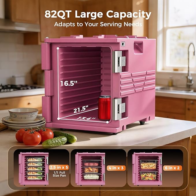 Pink 82QT Non-Electric Hot Box Food Warmer with Wheels, 304 Stainless Steel Latch, Insulated Food Carrier for 5 Full-Size Pans(NOT Included), Food Warmer Box Hot Boxes for Catering