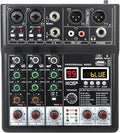 Dj Mixers, 4 Channel Audio Mixer, Sound Board with Bluetooth Player, Usb Audio Interface with 48V Phantom Power, Sounds Mixer Board with 99 DSP FX Reverb Delay Effect