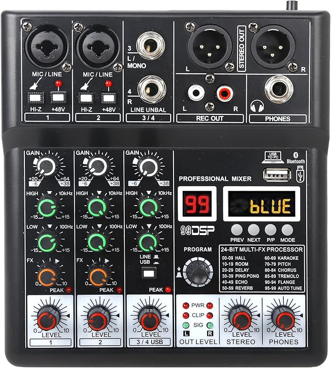 Dj Mixers, 4 Channel Audio Mixer, Sound Board with Bluetooth Player, Usb Audio Interface with 48V Phantom Power, Sounds Mixer Board with 99 DSP FX Reverb Delay Effect