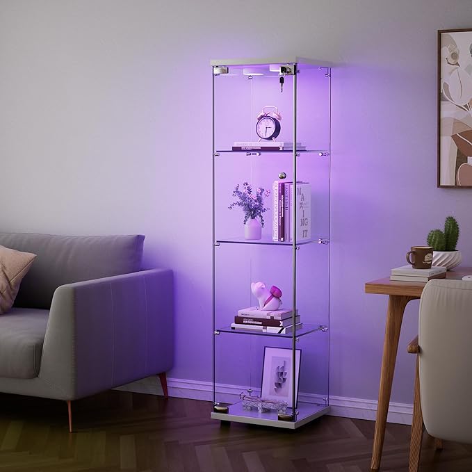 Yoluckea 4 Shelves Glass Display Cabinet with LED Light and Door, Floor Standing Clear Glass Curio Cabinet Collection for Living Room Bedroom 64.7”x16.7”x 14.3” White(Upgrade Assembly)