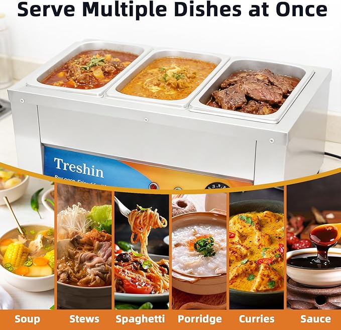 Treshin 3 Pan Commercial Food Warmer 21 Qt Capacity 1200W Stainless Steel Electrical Bain Marie Buffet Food Warmer Steam Table with Temperature Control & Lid for Home, Party, Catering, Restaurants