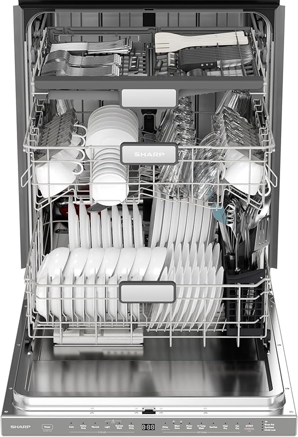 SHARP SDW6767HS Smart Dishwasher Works with Alexa. Includes LED Interior lights, Stainless Steel interior, Heated Dry with Fan Assist, Wash Zone cleans half load on either rack, Adjustable Third Rack