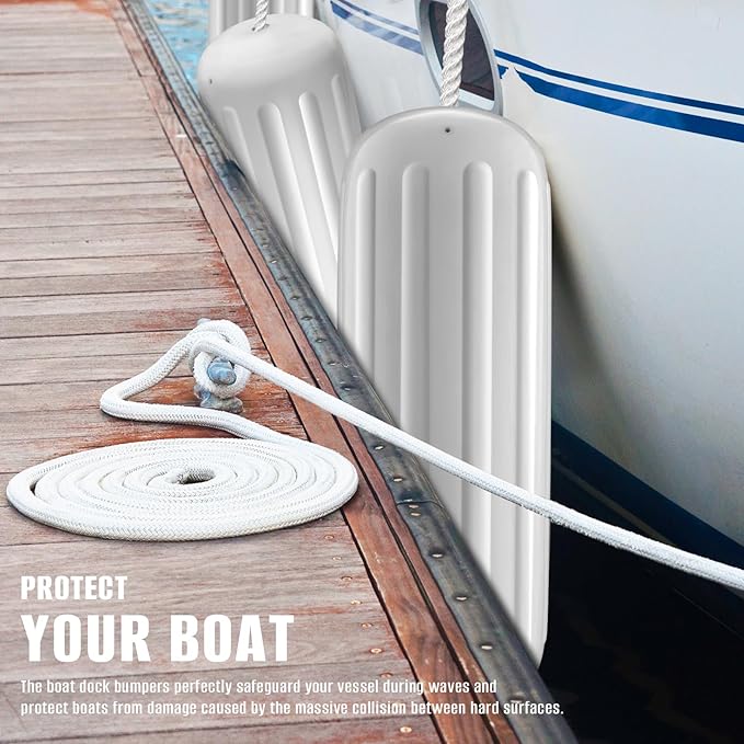 Boat Fenders 4 Pack 10 x 28 Inches Ribbed Center Hole Boat Fenders Bumpers for Docking, Comes with 4 Lines and Pump to Inflate