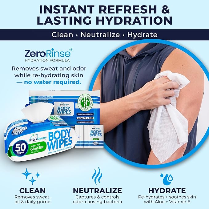 Dura Cleanse Body Wipes for Adults Bathing - (2 Pack) 100 XL No Rinse Bath Wipes + 8 Travel Shower Sheets - 10 x 11.5" Extra Thick Disposable Washcloths for Elderly Incontinence & Camping Essentials
