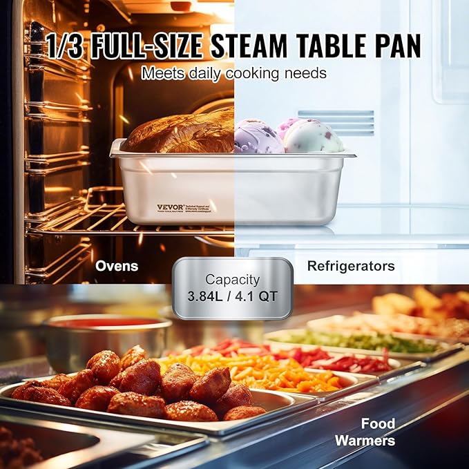 VEVOR 6-Pack Stainless Steel Hotel Pans - 1/3 Size 4-Inch Deep 0.8mm Thick Anti-Jam Commercial Food Pans for Steam Tables, Restaurants, Catering & Industrial Use