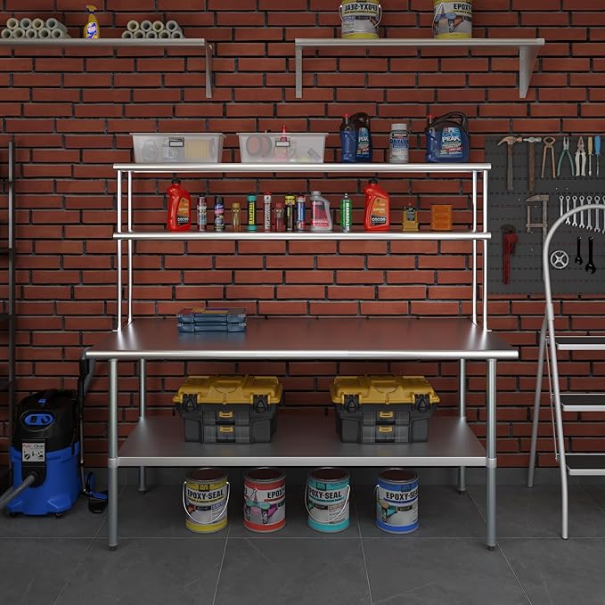 Amgood Stainless Steel Work Table Double Tier Overshelf | Metal Kitchen Prep Table & Shelving Combo (30" x 72" Work Table + 12" Overshelf)