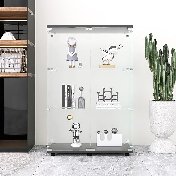 Frameless Glass Display Cabinet, Curio Cabinet with Lock and 2 Doors, Quick-Install Floor Standing Showcase Display Shelf for Collectibles, Legos, Figures, Plants