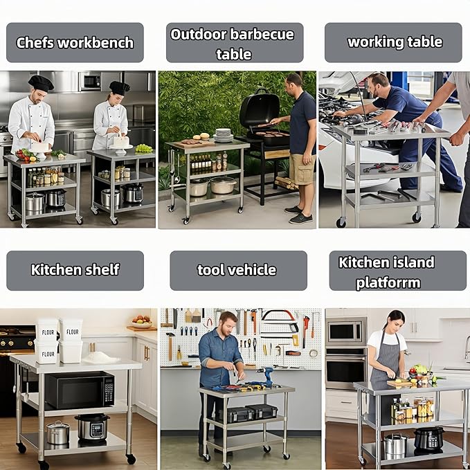 Stainless Steel Table with Wheels for Food Preparation and Work, Multi-Size Optional, Three-Layer Variable Two-Layer Metal Commercial Workbench Outdoor, Restaurant, Kitchen (48" Lx32 Wx34 H)