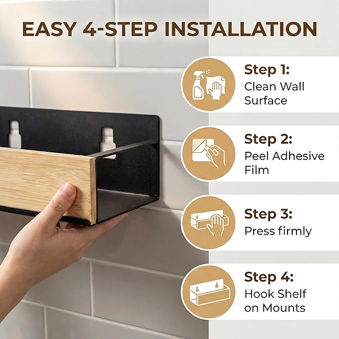 Bathroom Shelves,Wall Mounted Floating Shelf,Over Toilet Storage Shelf,Metal Bamboo Wall Shelves,Home Storage Organizer Essentials for Bathroom/Living Room/Kitchen/Bedroom(Black)