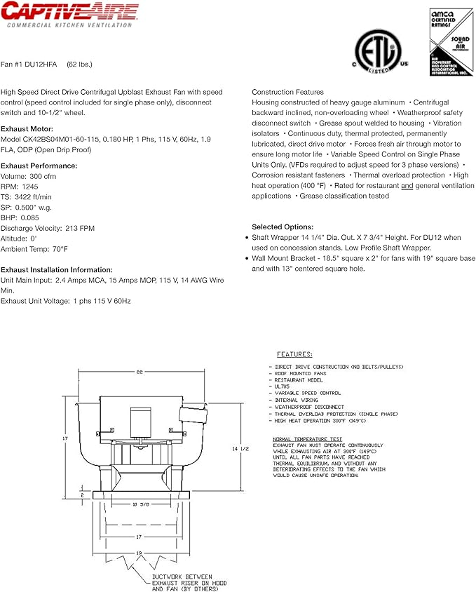 Low Profile Grease Rated Food Truck Exhaust Fan- High Speed Direct Drive Centrifugal Upblast Exhaust Fan with speed control- 19" Fan Base, 0.180 HP 115 Volt Single Phase Motor, 100-500 CFM (DU12HFA)