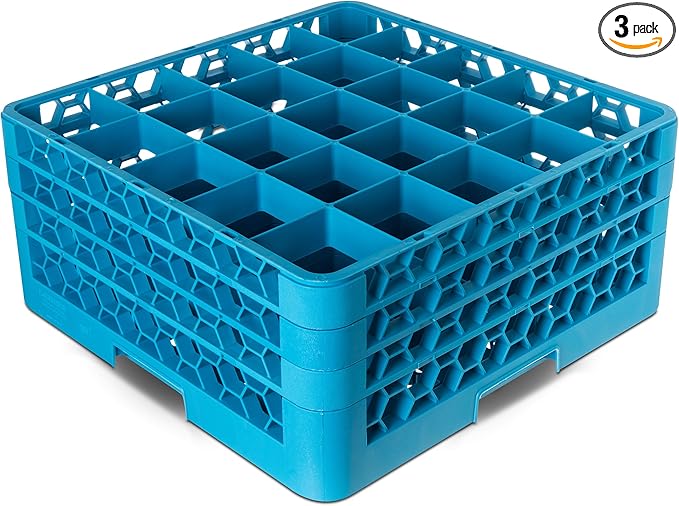 Carlisle FoodService Products OptiClean Plastic 25-Compartment Divided Glass Rack with Extender, Blue, (Pack of 3)