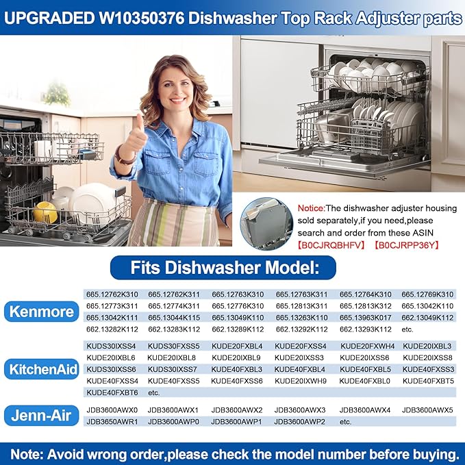 Upgraded W10350376 Dishwasher Top Rack Adjuster Parts For Whirlpool Kenmore W10195840 KUDS30IXSS4 Upper Rack Part,KUDS30FXSS5 Dishwasher Replacement Top Rack,For Kitchenaid Dishwasher Parts Upper Rack