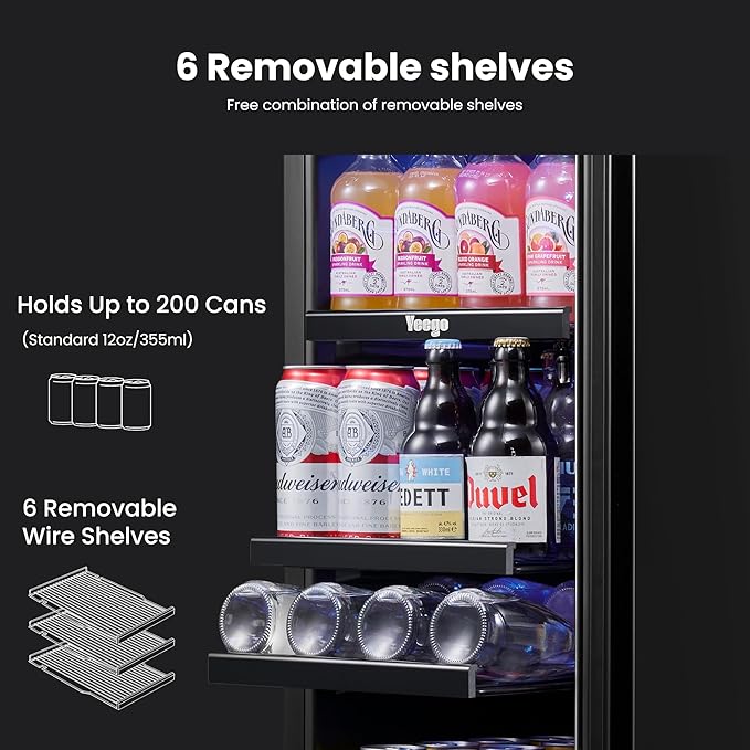 Yeego 15 inch Built-In Beverage Refrigerator (2 Pack) – Compact Drink Cooler with Glass Door, Auto Defrost Mini Wine & Beer Fridge for Cans and Bottles, Under Counter & Freestanding