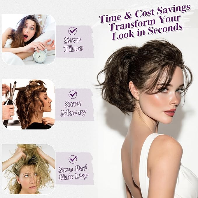 BARSDAR Short Claw Clip Human Hair Ponytail Extension - 8 Inch Real Human Hair Dark Brown Messy Bun Hairpieces for Women - Thick Natural DIY Styles Short Ponytail with Bendable Metals Daily Wear