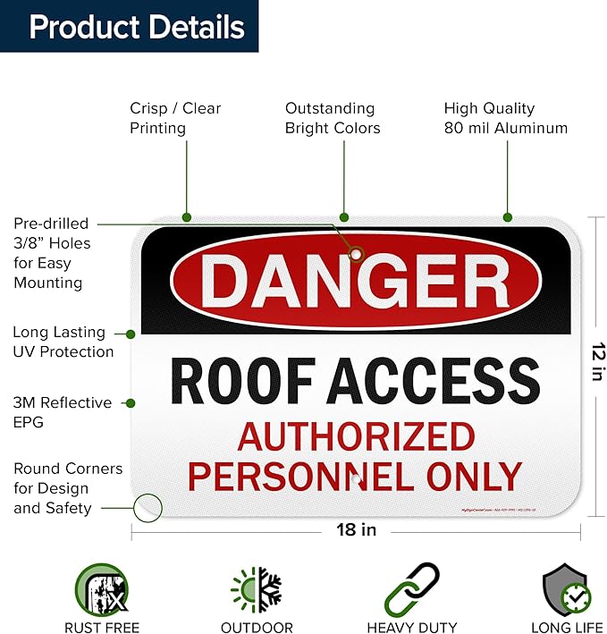 Danger Roof Access Authorized Personnel Only Sign, 12x18 Inches, 3M EGP Reflective, Rust Free .063 Aluminum, Fade Resistant, Made in USA by My Sign Center