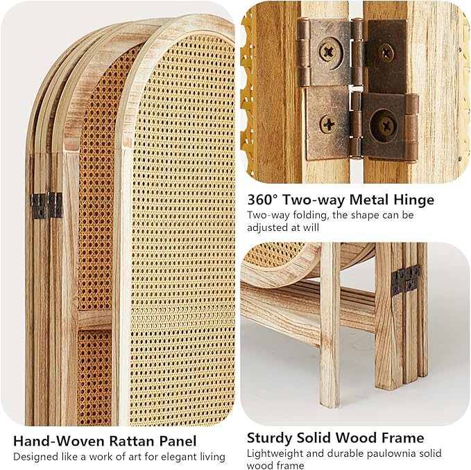 Room Divider and Folding Privacy Screen 5.6 Ft Rattan Room Divider with Double Hinges, Foldable Wood Partition Screen, Freestanding Wall Divider for Room Separation Home - 4 Panel Natural