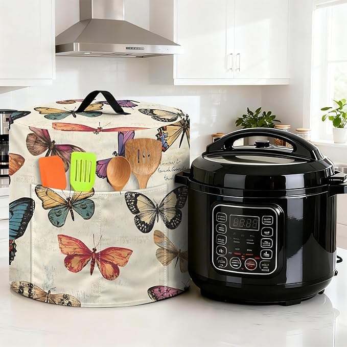 Kitchen Appliance Accessories Dust Cover for 3-6-8 Quart Instant Pot, Pressure Cooker, Air Fryer & Crock Pot,Decorative Appliance Cloth Cover with Top Handle & Storage Pockets (Butterfly, 3 Quart)