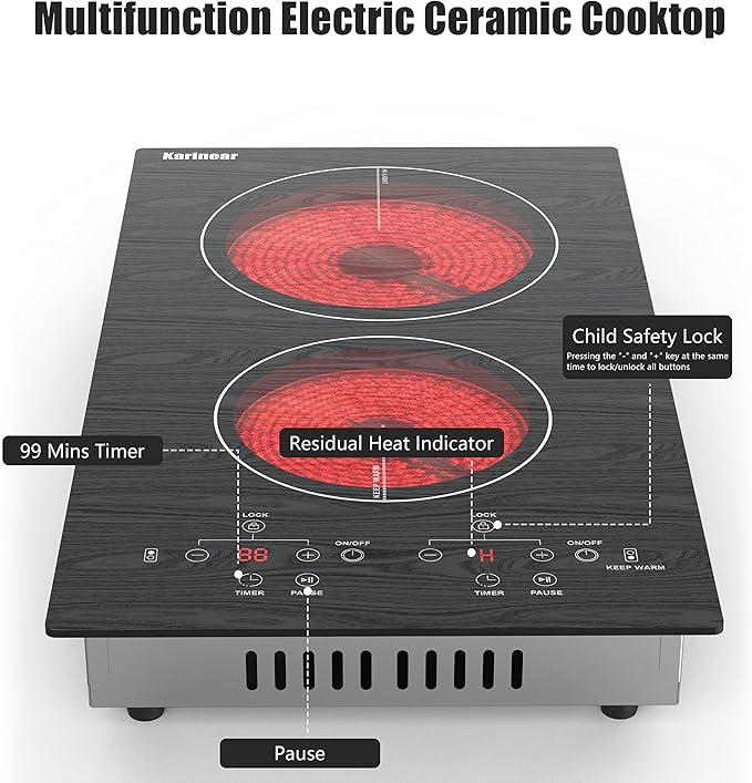 Karinear Portable Electric Cooktop 2 Burners, 110v Plug in Electric Stove Top, Countertop Use or Built-in Install, 12'' Ceramic Cooktop with Beautiful Wooden Pattern