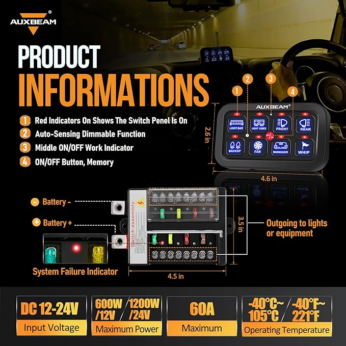 Auxbeam 8 Gang Switch Panel BB80 Universal Circuit Control Relay System Automatic Dimmable LED Switch Control Panel Switch Pod Touch Switch Box for Car Truck Offroad ATV SUV - Blue, 2 Years Warranty