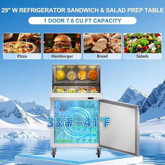 29" W Commercial Refrigerator Sandwich Salad Prep Table, 7.6 Cu.ft 1 Door Commercial Stainless Steel Mega Top Food Prep Fridge with 12 Pans, Salad Prep Station for Restaurant, Bar, Shop