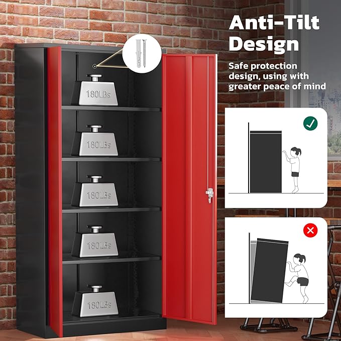 Greenvelly Metal Storage Cabinet with 2 Doors and 4 Adjustable Shelves, 72”H Steel Lockable Storage Cabinet,Tall Metal Garage Cabinet Locking File Cabinet for Office,Home, Garage, Gym, School