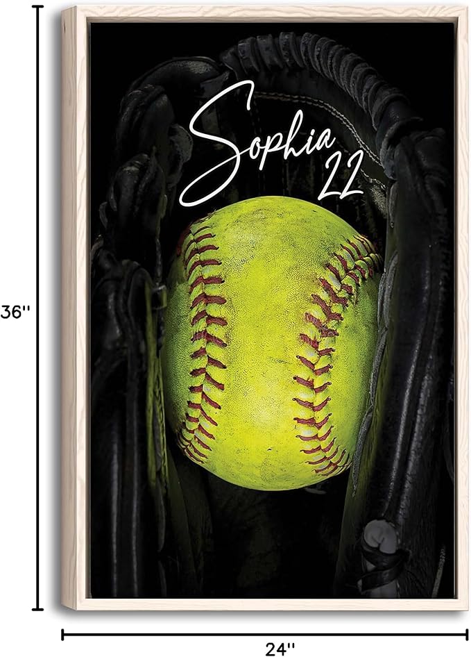 Custom Softball Ball Black Glove Sports Gift For Girls Players Personalized Name Number Poster & Framed Canvas, Wall Art Home Office Decoration Living Room Bedroom Aesthetic Decor