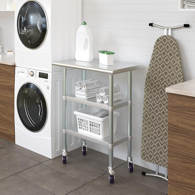 AmGood Stainless Steel Work Table with 2 Shelves and Casters | Metal Utility Table On Wheels (Stainless Steel Work Table with 2 Shelves + Casters, 30" Long x 18" Deep)
