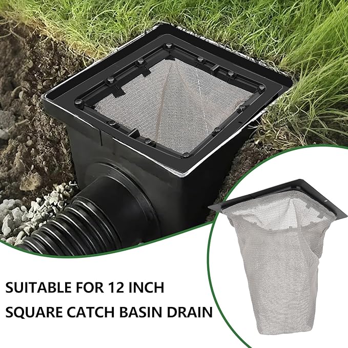 Catch Basin Drain Filter, Square Catch Basin Drain Filter for 12 Inch Clog-Free Drainage and Infiltration Systems, Removable Filter, for Garden, Lawns, Landscaping and Patios (1 Pack)