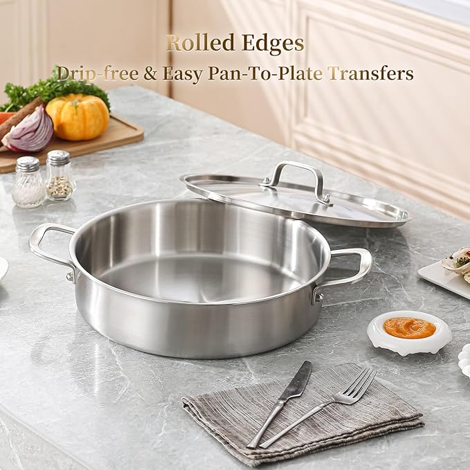 DELARLO Tri-Ply Stainless Steel 3.5 Quart Braiser Pan with Lid Induction Rondeau Pot With Lid 12inch Deep Frying Pan Large Saute Pan Heavy Duty Style Compatible With All Cooktops Up to 650℉
