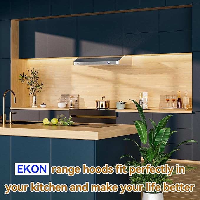 EKON 36 inches Under Cabinet Range Hood, 900 CFM Stainless Steel Kitchen Chimney Vent, 4 Speed Touch Screen Control With Remote 2Pcs 3W LED Knob Control