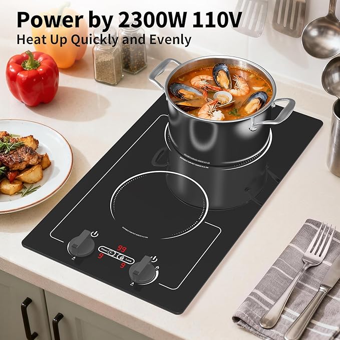 VBGK 2 burner Induction cooktop,110V 2300W double burner hot plate with LED Touch Screen, 9 Power Levels, Kids Lock & Timer, Overheat Protection, knob and touch control Double Induction Cooktop