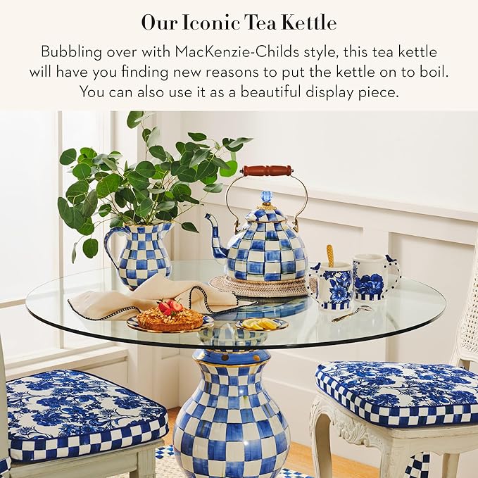 MACKENZIE-CHILDS Enamel Tea Kettle, Stylish Tea Kettle for Stovetop, Blue-and-White Royal Check, 3 Quarts