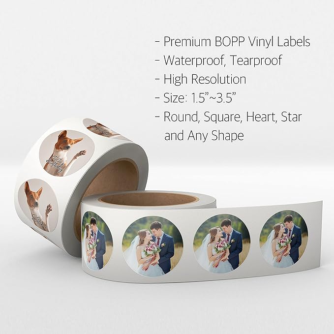 150 Roll Labels Personalized and Custom Design Stickers for Your Business Round Square Heart Star Die-Cut Any Shape and Size with Your Logo Text Image (Vinyl (BOPP))
