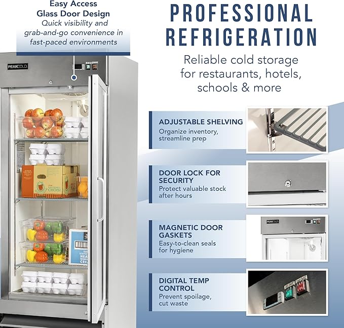 PEAKCOLD Single Glass Door Commercial Refrigerator - 23 Cubic Ft, 29" Wide Stainless Steel Reach-In Commercial Refrigerator with White Internal Lighting - Freestanding Industrial Fridge