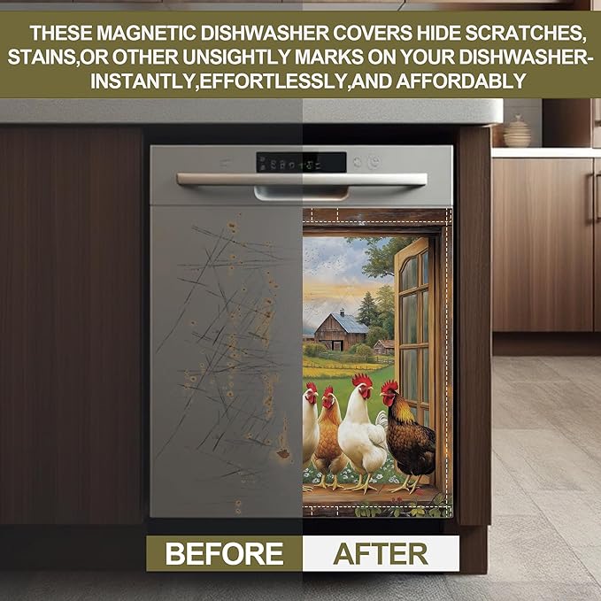 Farm Chicken Magnetic Dishwasher Cover,Rooster Dishwasher Covers for The Front Magnetic Dishwasher Panel Decal Cover for Kitchen 23x26inch