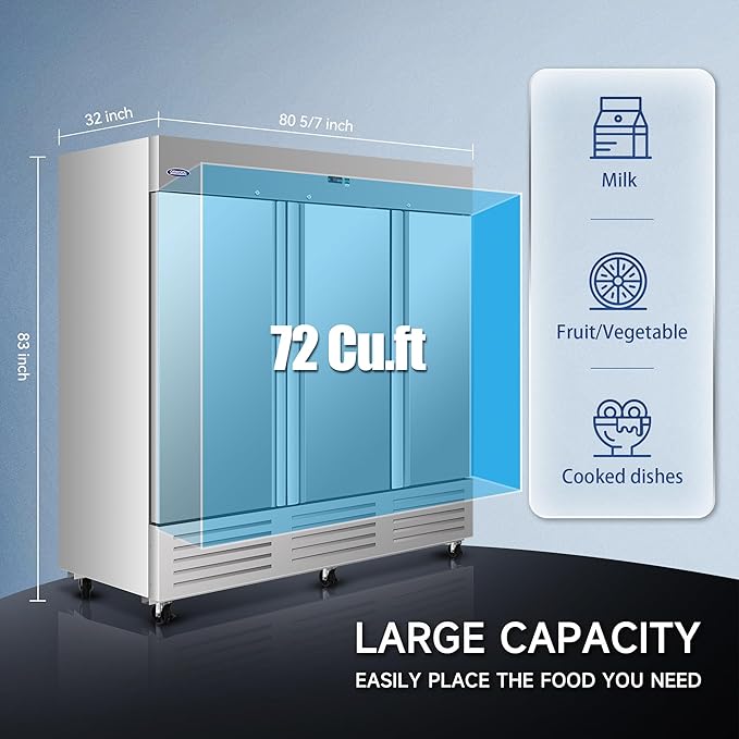 81" W Commercial Refrigerator 3 Door, 72 Cu.ft Commercial Fridge, Stainless Steel Reach-In Refrigerator Upright, ETL Approved for Restaurant, Bar, Shop