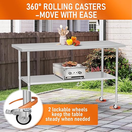 Stainless Steel Table with Wheels for Food Prep & Work 30" x 60" Utility Table with Adjustable Undershelf, Commercial Workstation in Kitchen, Garage, Outdoor BBQ