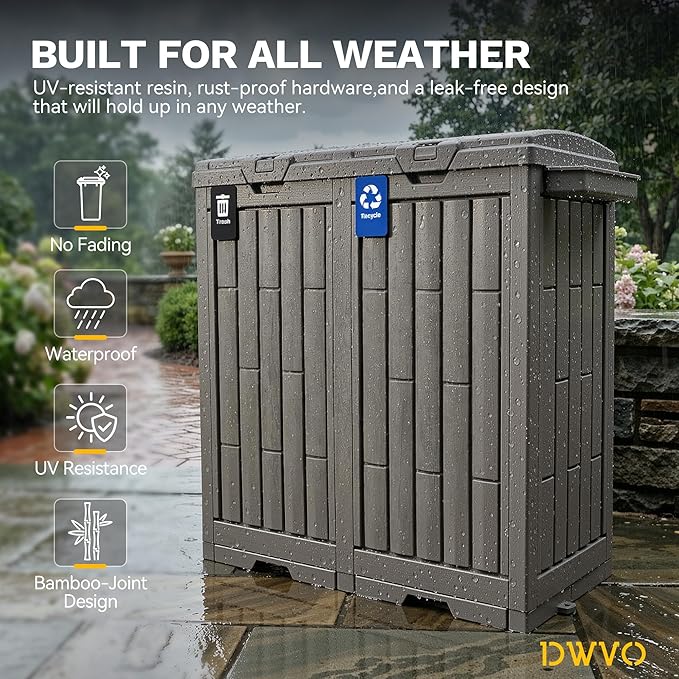 DWVO 76 Gallon Outdoor Trash Can, Dual-Compartment Resin Garbage Bin with Lid, Includes 2 Sorting Labels, Ash Holder, Stakes & Suction Cups, Hideaway Storage for Patio Backyard Garden, Light Brown
