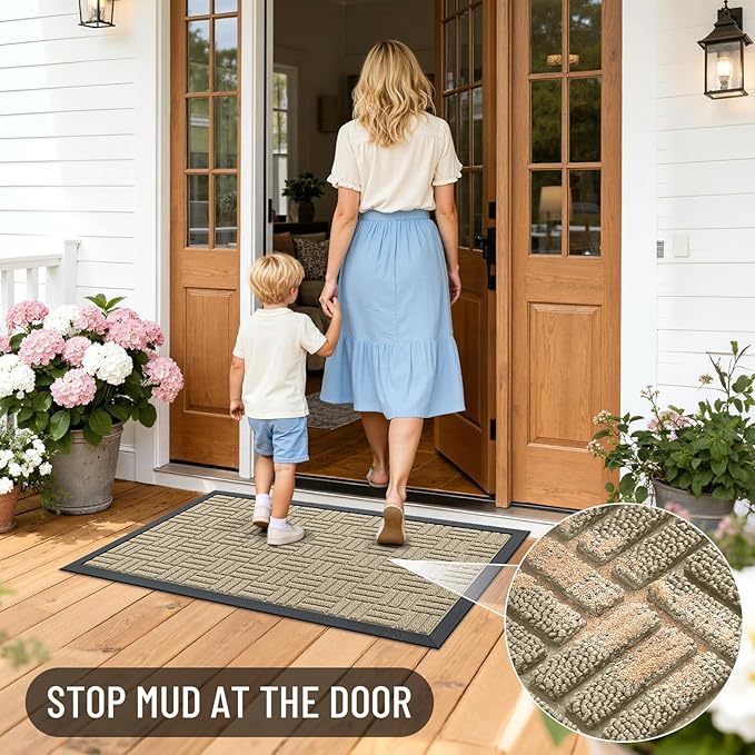 OLANLY Front Door Mat Outside Entrance 29.5x17, Absorbent, Heavy Duty Sturdy Natural Rubber Doormat Indoor Outdoor, Stain and Fade Resistant, Non-Slip Backing Low Profile Floor Mat for Entryway, Beige