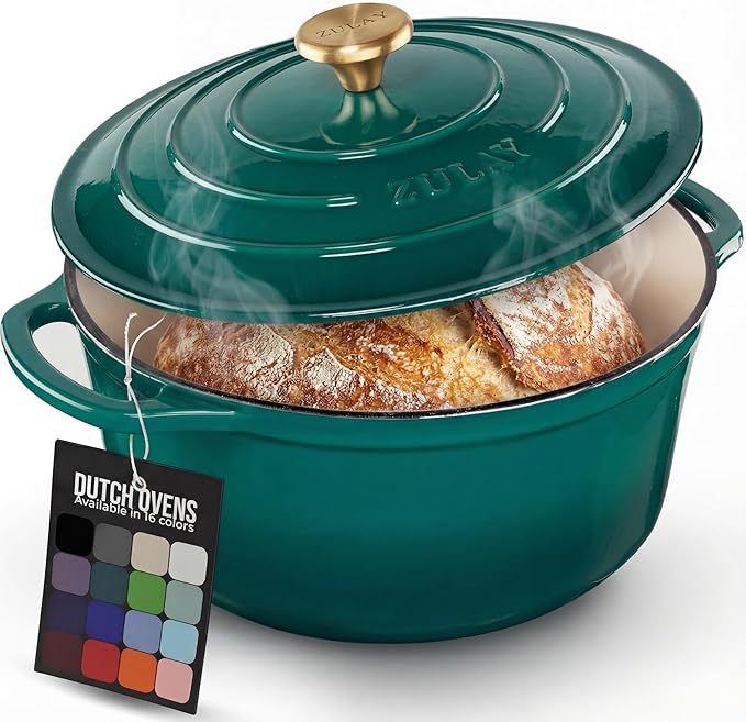 Zulay Kitchen 5 Quart Enameled Cast Iron Dutch Oven Pot with Lid – Premium Durability & Oven Safe up to 500°F – Heavy Duty Cookware Perfect for Bread Baking, Stews, Braising & Roasting – Emerald