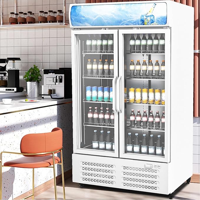 GarveeLife 25.3 Cu Ft Beverage Cooler with Glass Doors, Commercial Merchandiser Refrigerator - LED Lightbox & Universal Casters for Convenience Stores, Bars