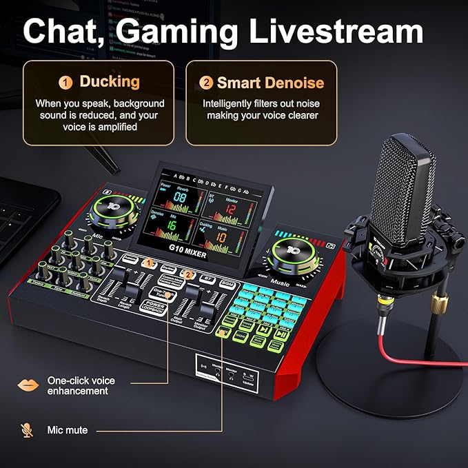 Live Sound Card Audio Mixer, Podcast Equipment Bundle with 3.5mm Condenser Microphone for Pc/Phone Live Streaming Singing Gaming, Sound Board with Voice Changer, Denoise